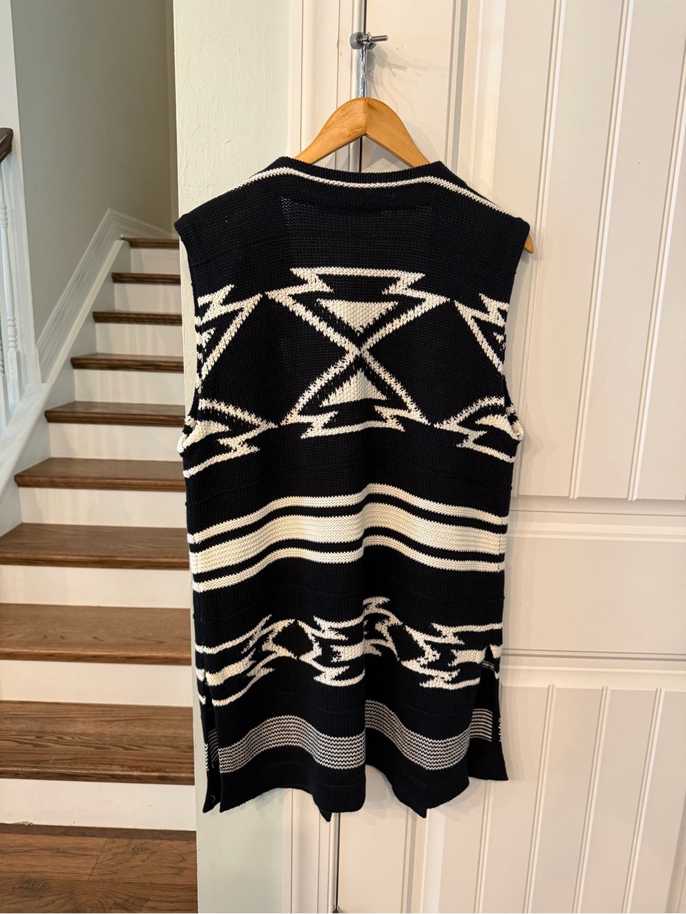 Ralph Lauren Black & White Linen Cotton Blend Knit Aztec Southwest Open Vest S/M - Picture 3 of 6